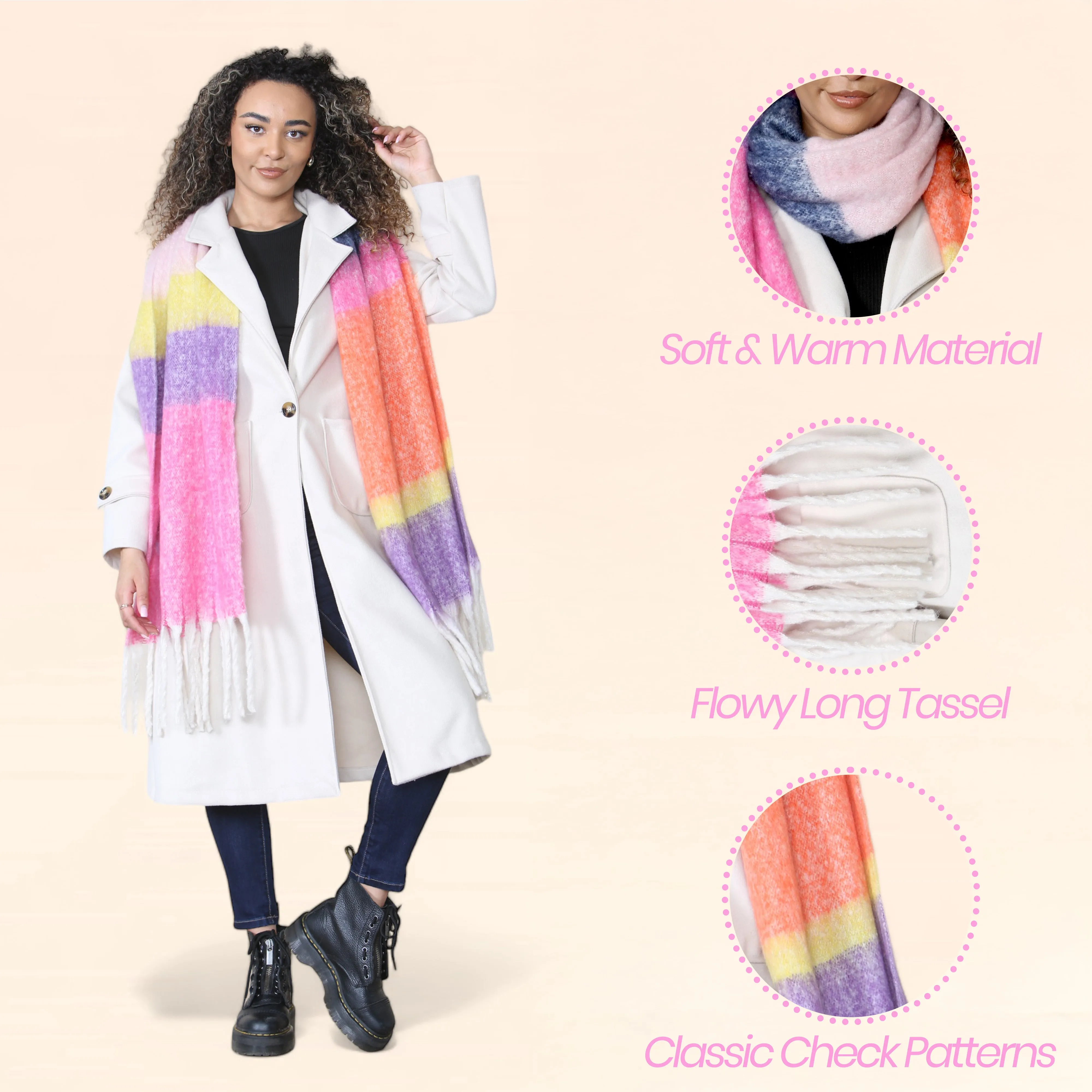 Women’s Pink Purple Chunky Knit Bright Plaid Blanket Scarf Long Winter Wrap Warm Striped Shawl with Tassels Gift for Ladies by Daisy Dreamer