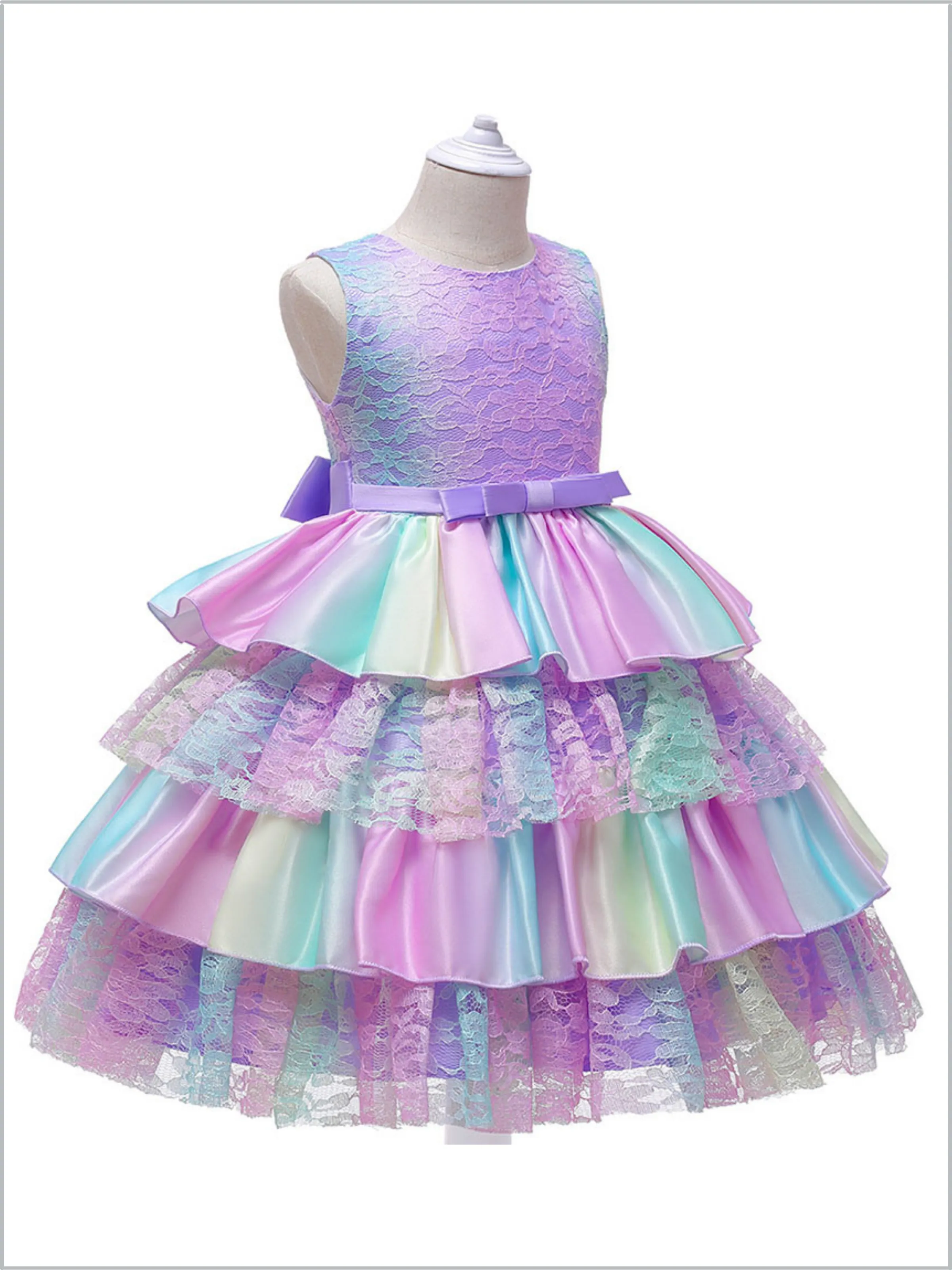 Wondrous Pastel Rainbow Lace Tiered Dress