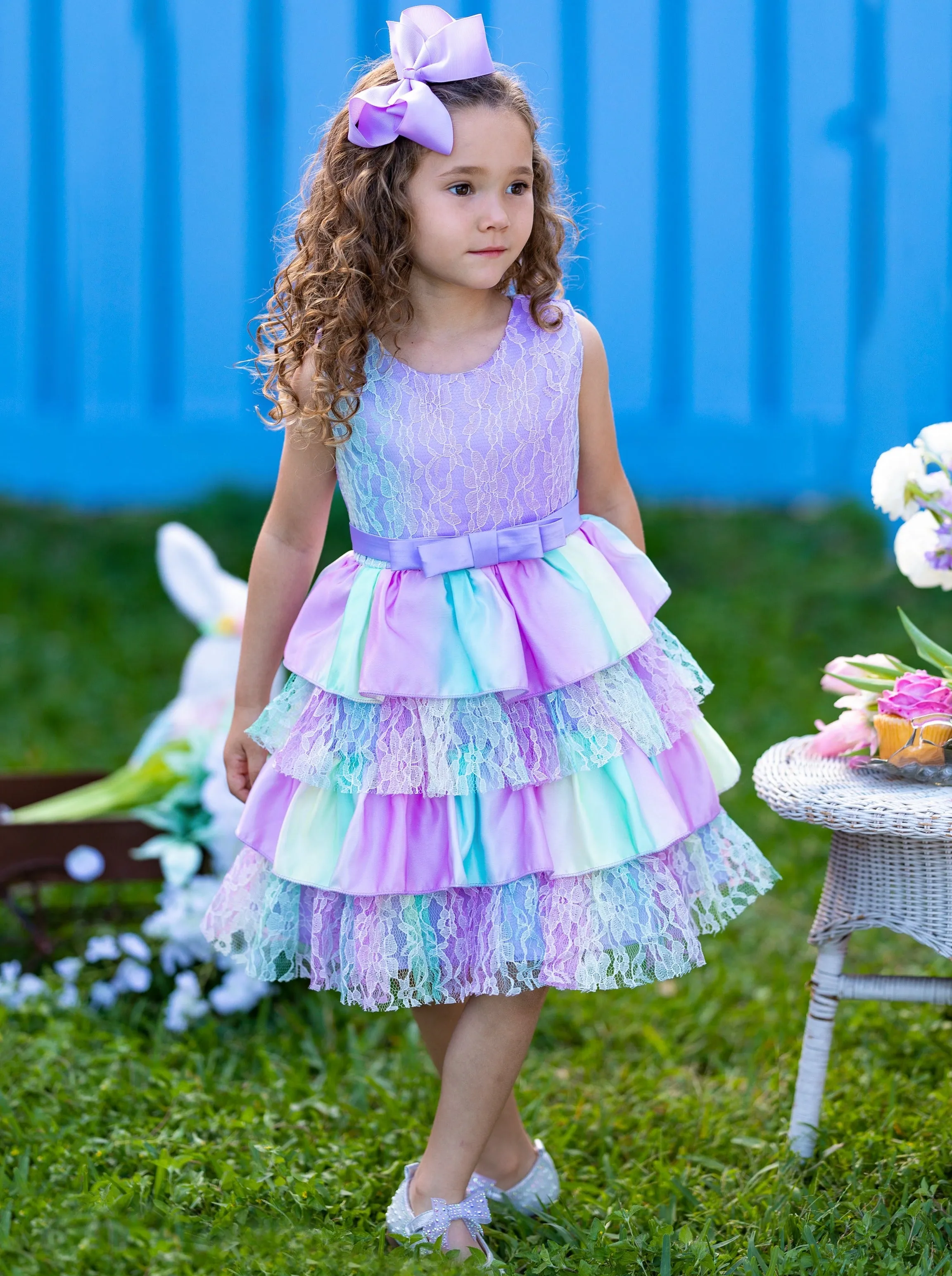 Wondrous Pastel Rainbow Lace Tiered Dress