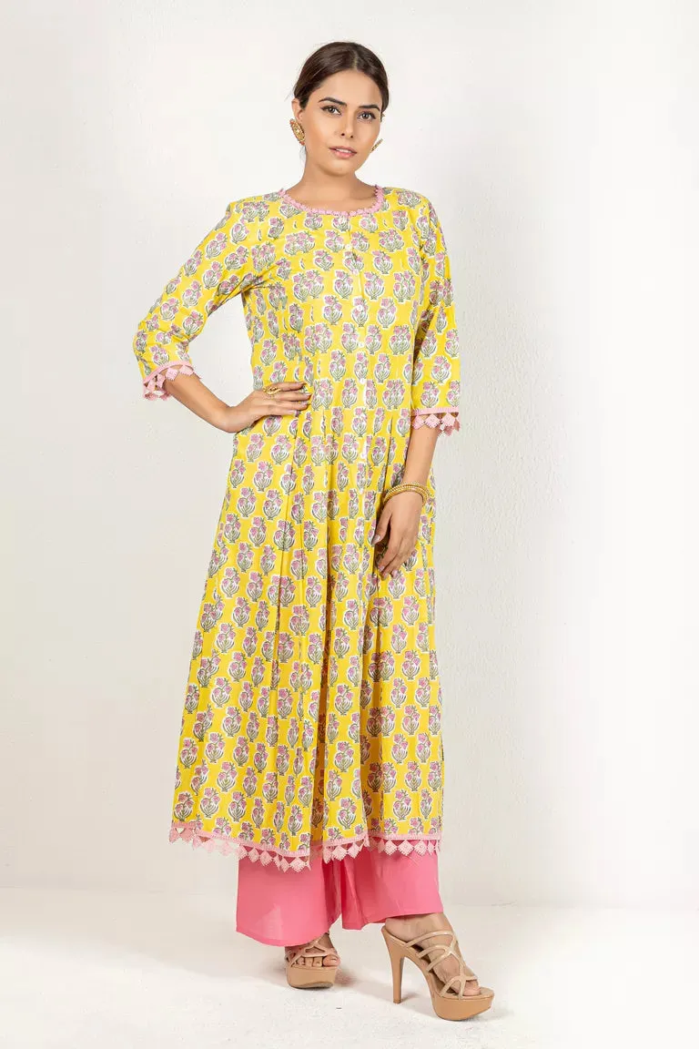 Yellow & Pink Hand Block Printed Kurta