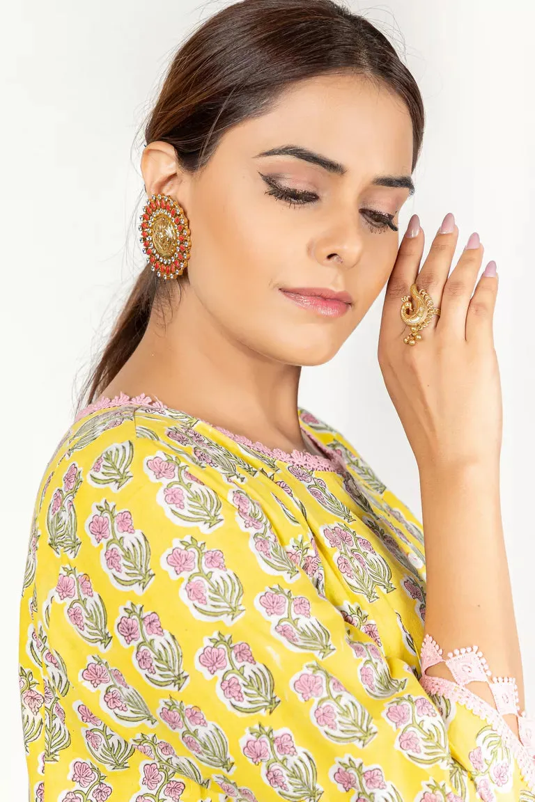 Yellow & Pink Hand Block Printed Kurta