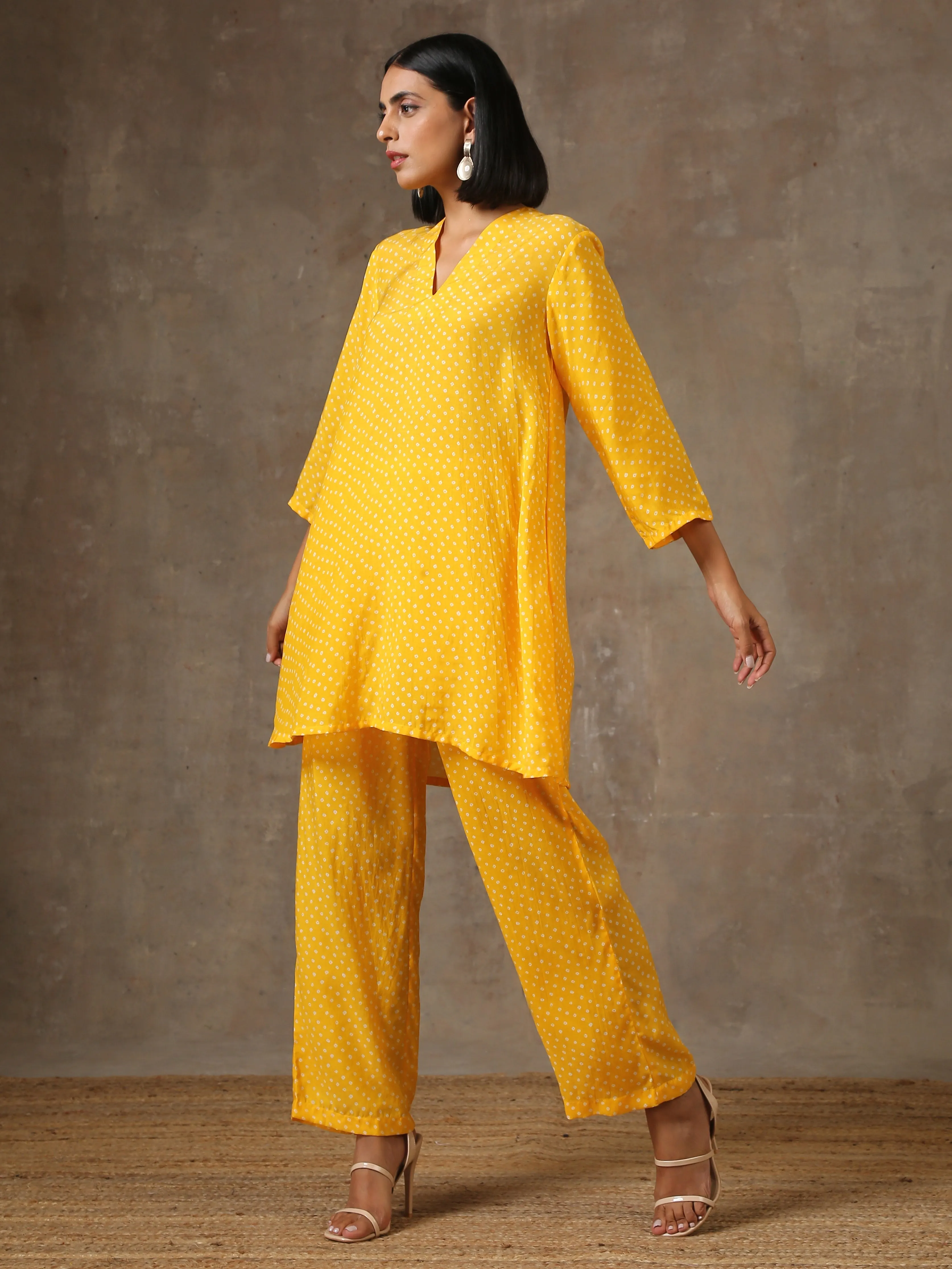 Yellow Bandhani Flare Printed Silk Co-Ord Set | Relove