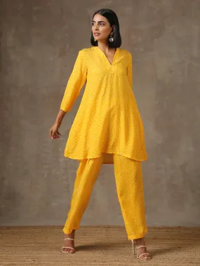 Yellow Bandhani Flare Printed Silk Co-Ord Set | Relove