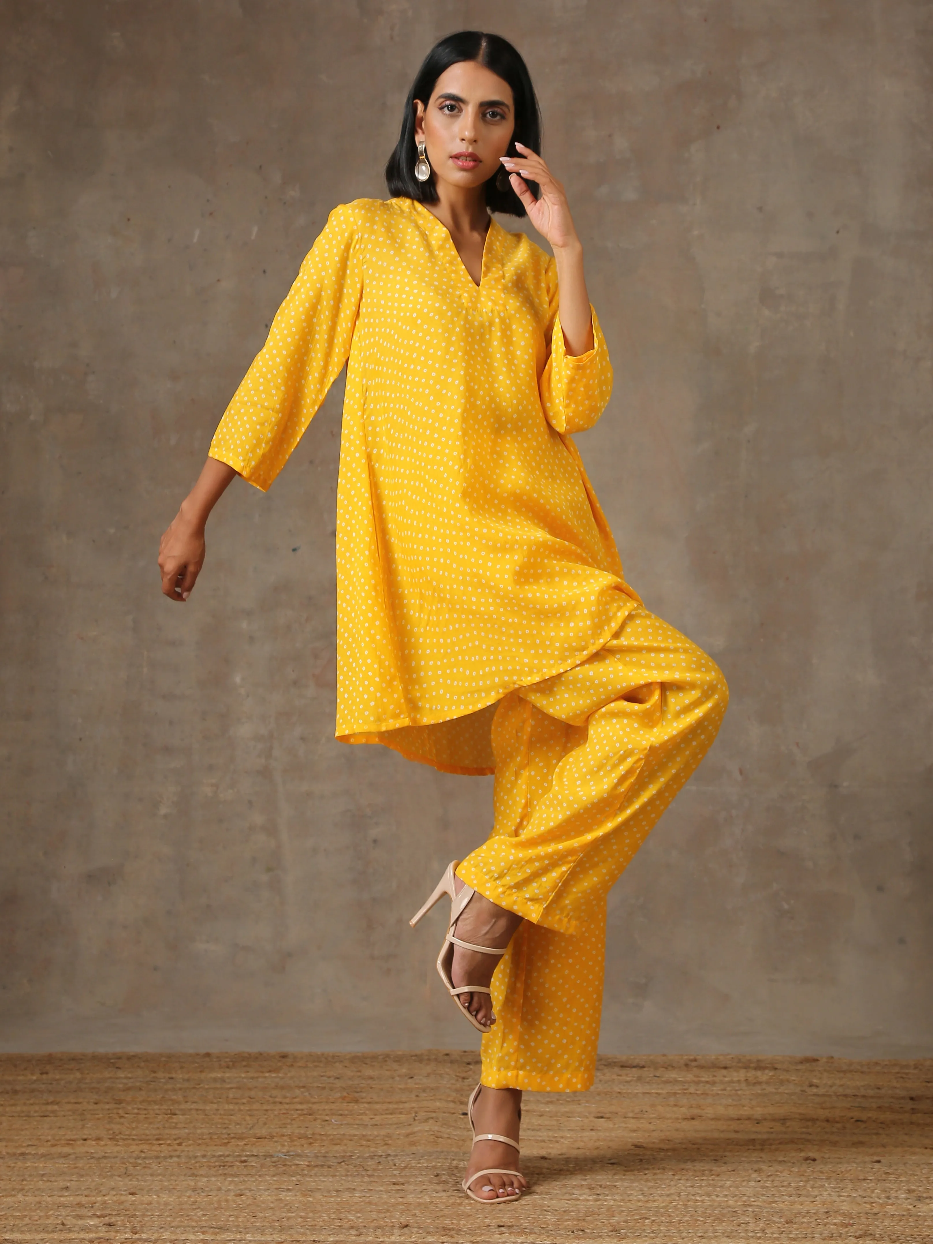 Yellow Bandhani Flare Printed Silk Co-Ord Set | Relove