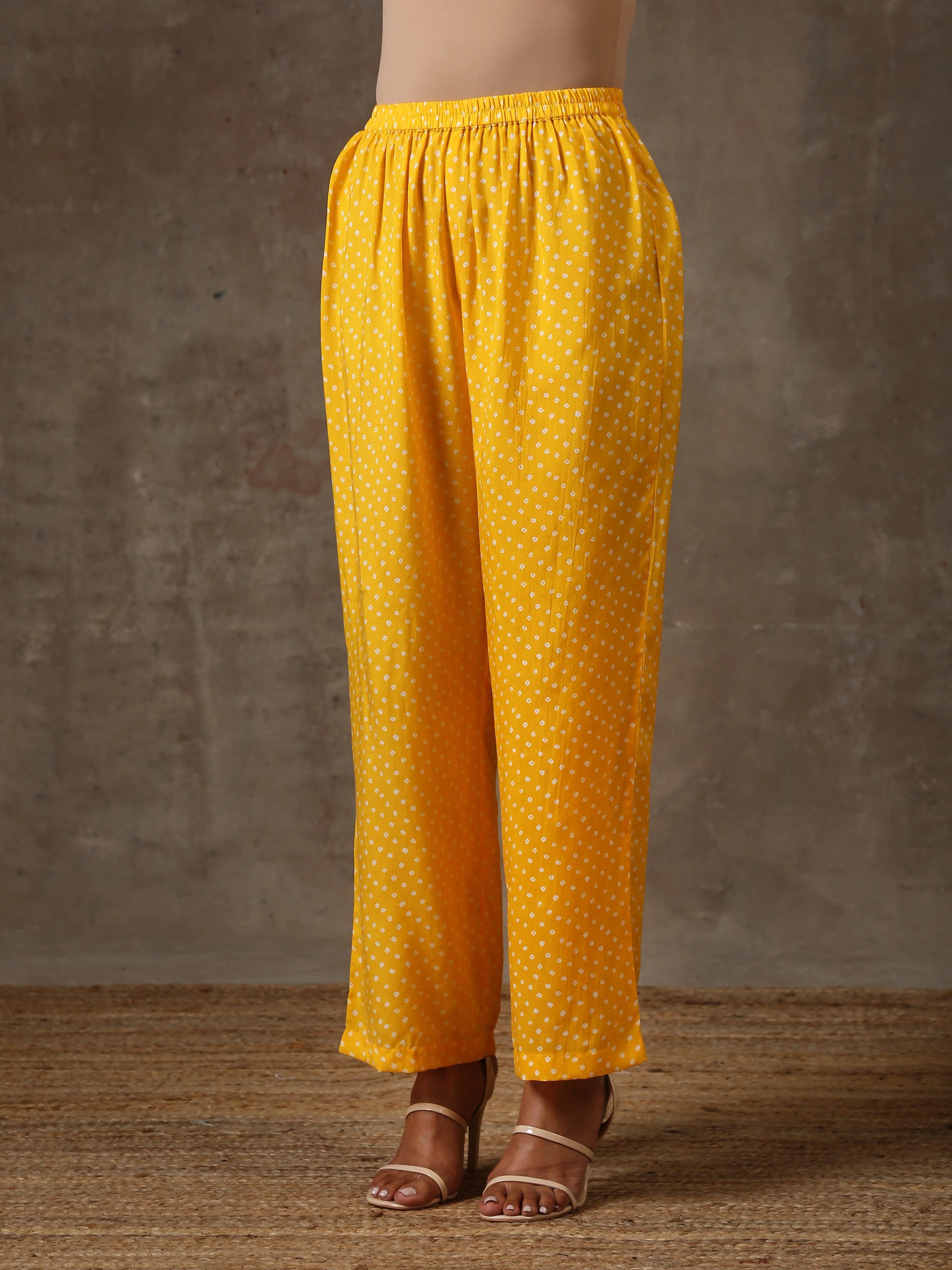 Yellow Bandhani Flare Printed Silk Co-Ord Set | Relove