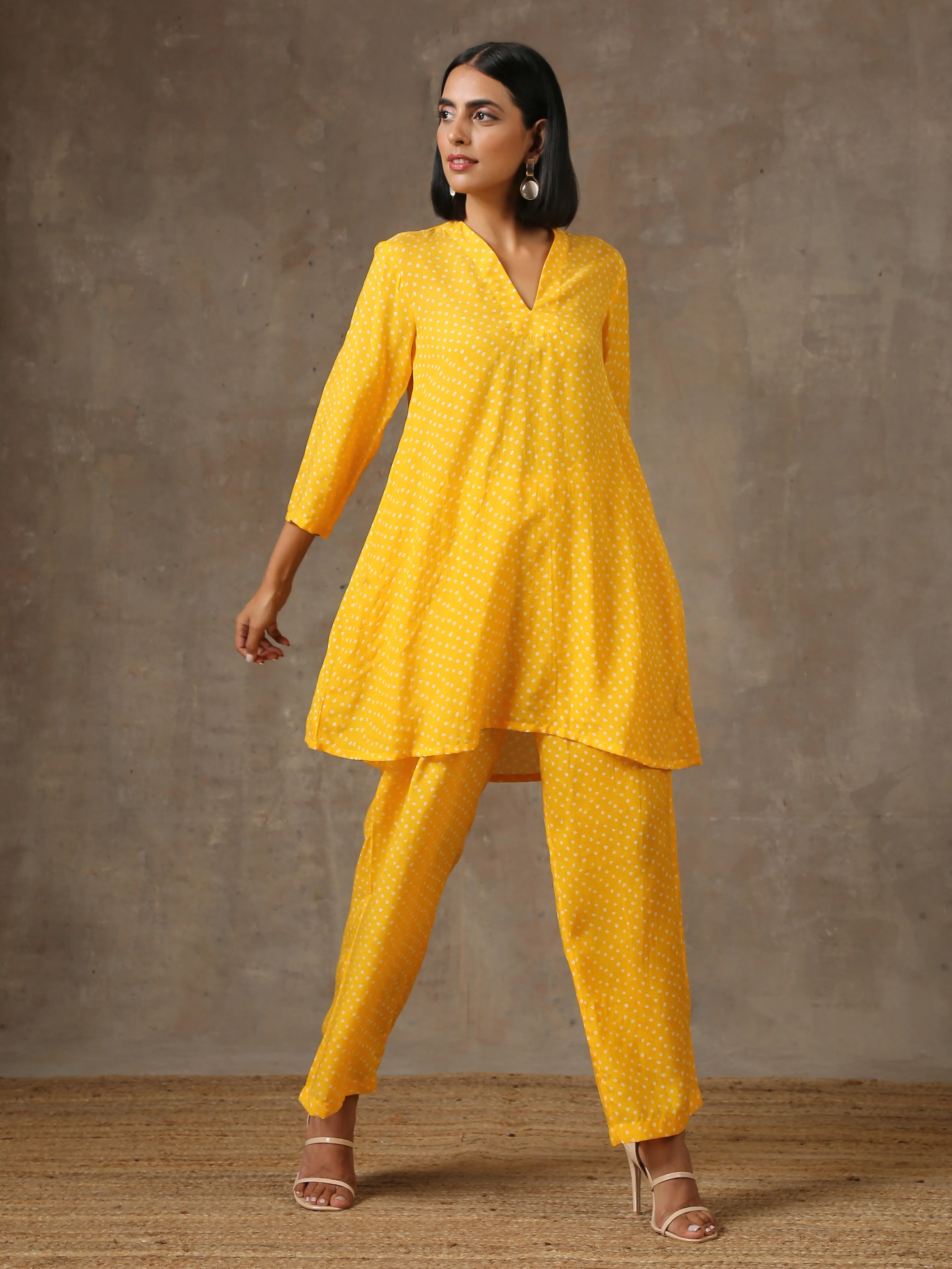 Yellow Bandhani Flare Printed Silk Co-Ord Set | Relove