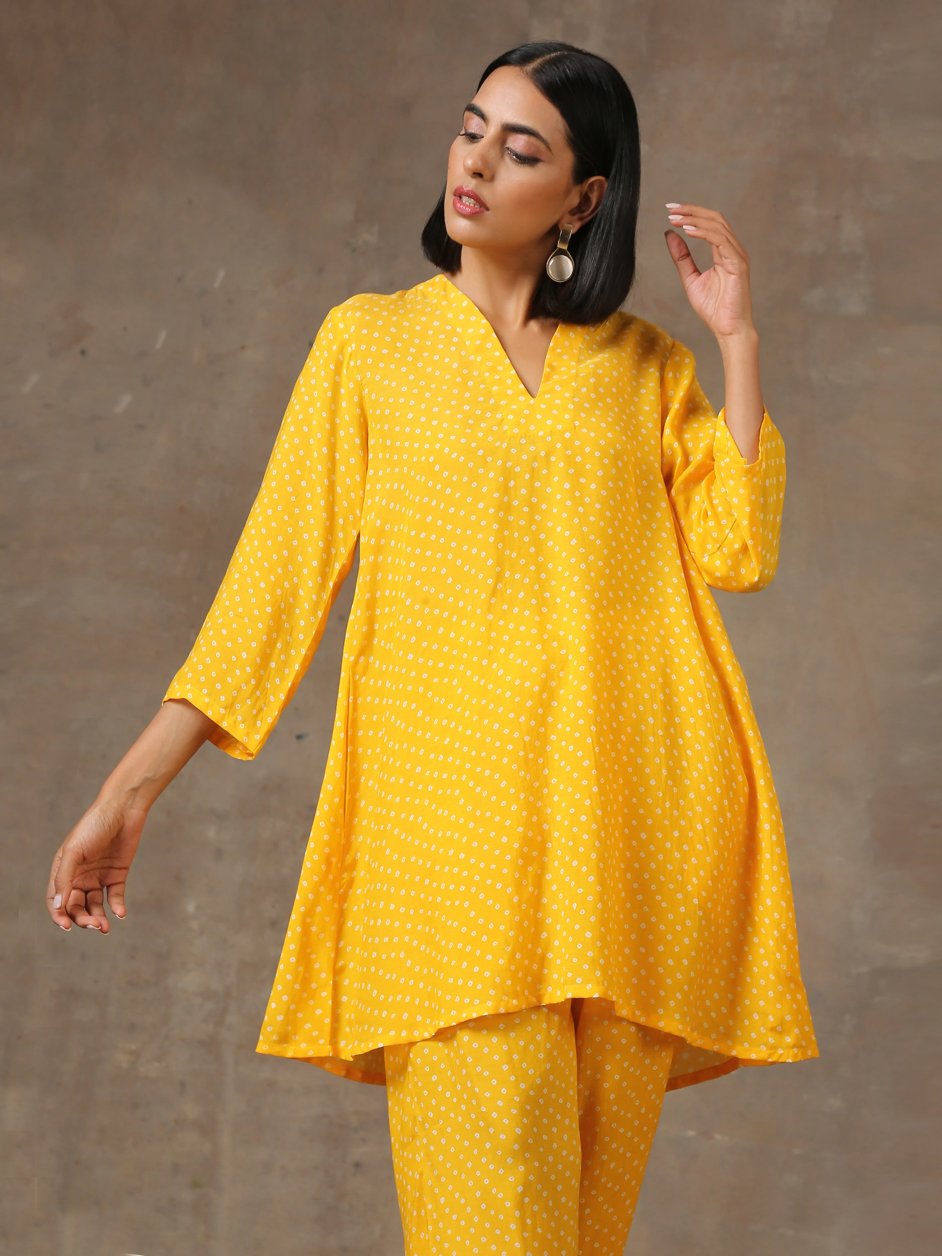 Yellow Bandhani Flare Printed Silk Co-Ord Set | Relove