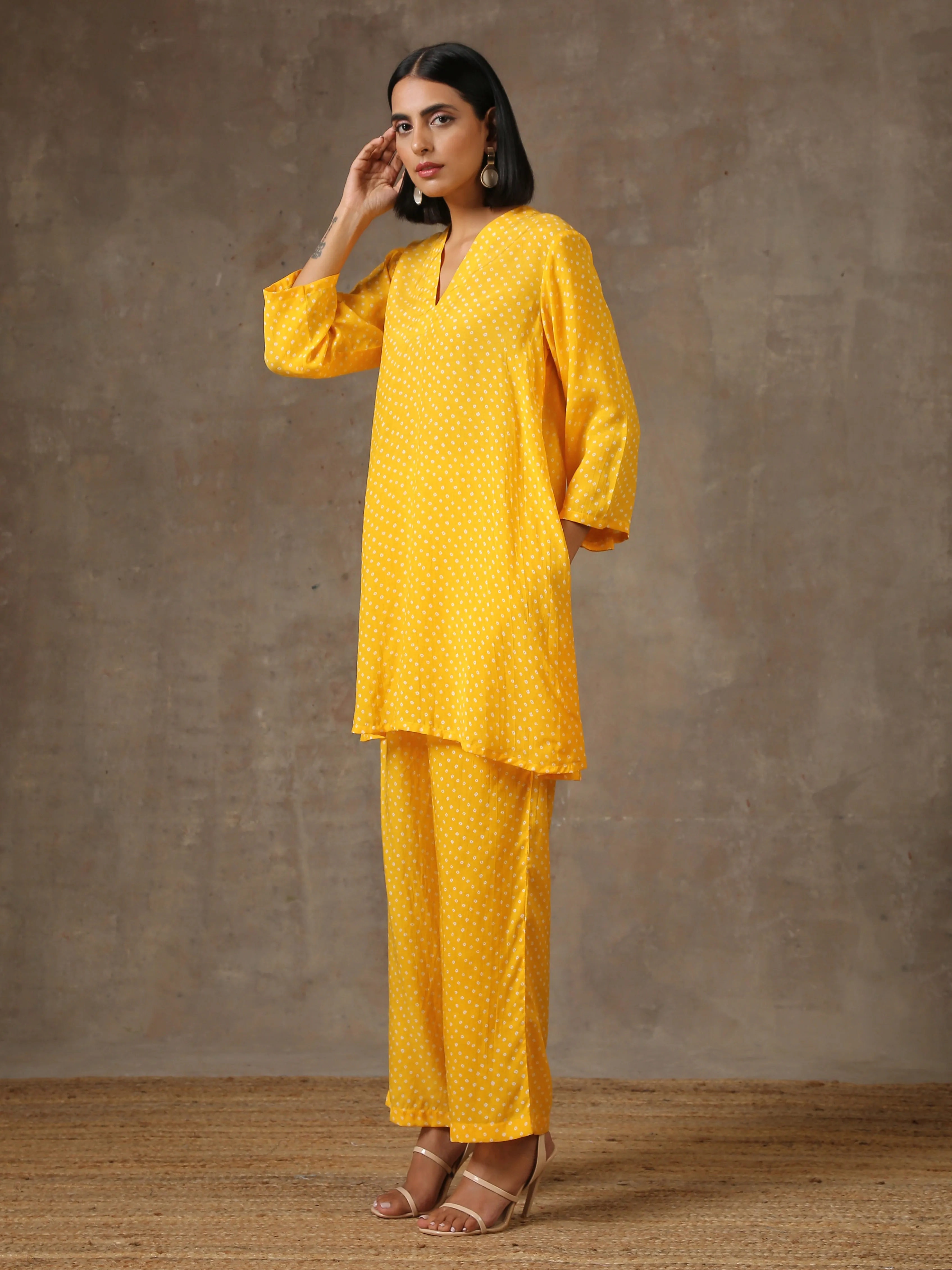 Yellow Bandhani Flare Printed Silk Co-Ord Set | Relove