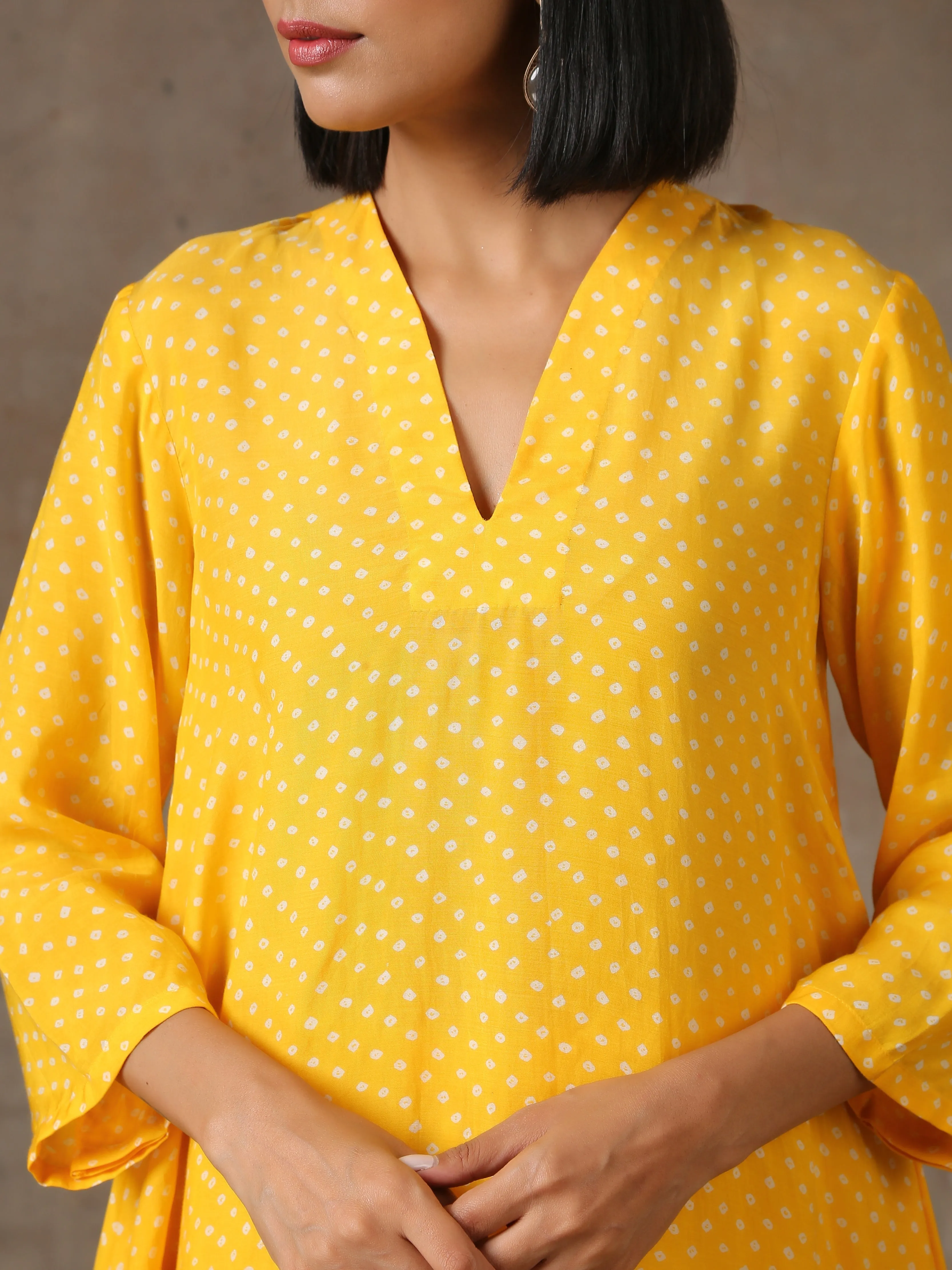 Yellow Bandhani Flare Printed Silk Co-Ord Set