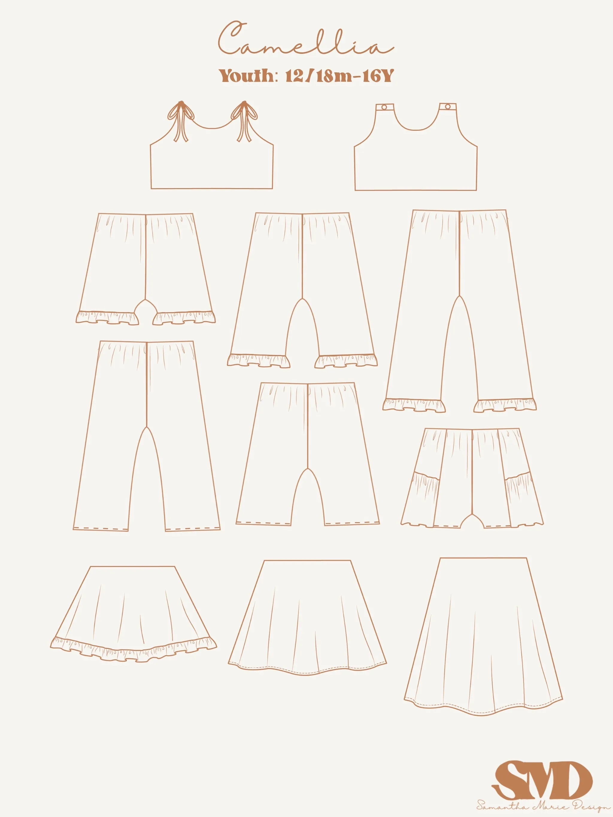 Youth Camellia Top, Tunic, Romper and Dress Digital Sewing Pattern Sizes 12/18m - 16Y