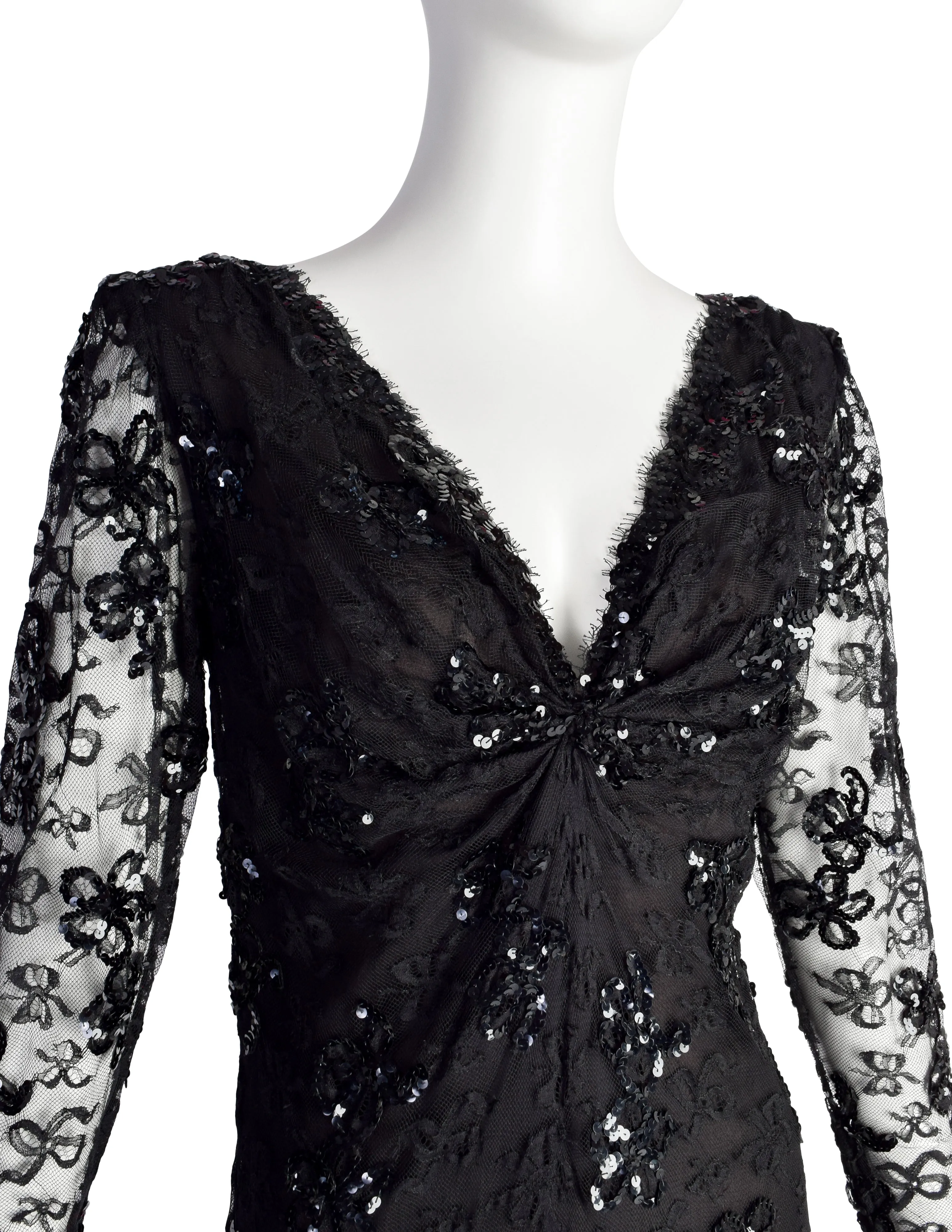 Yves Saint Laurent Vintage Haute Couture AW 1985 Black Lace Sequin Column Gown Dress