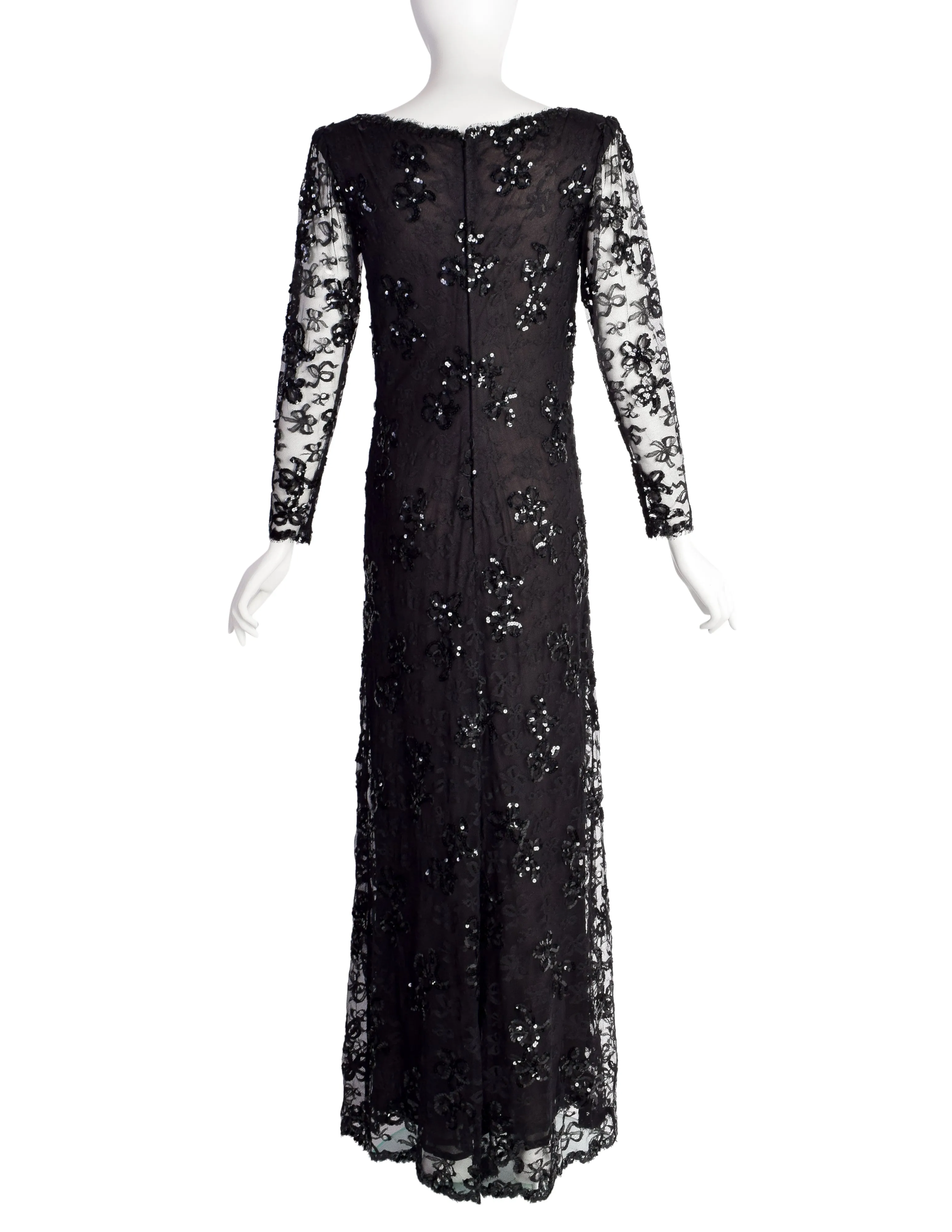 Yves Saint Laurent Vintage Haute Couture AW 1985 Black Lace Sequin Column Gown Dress