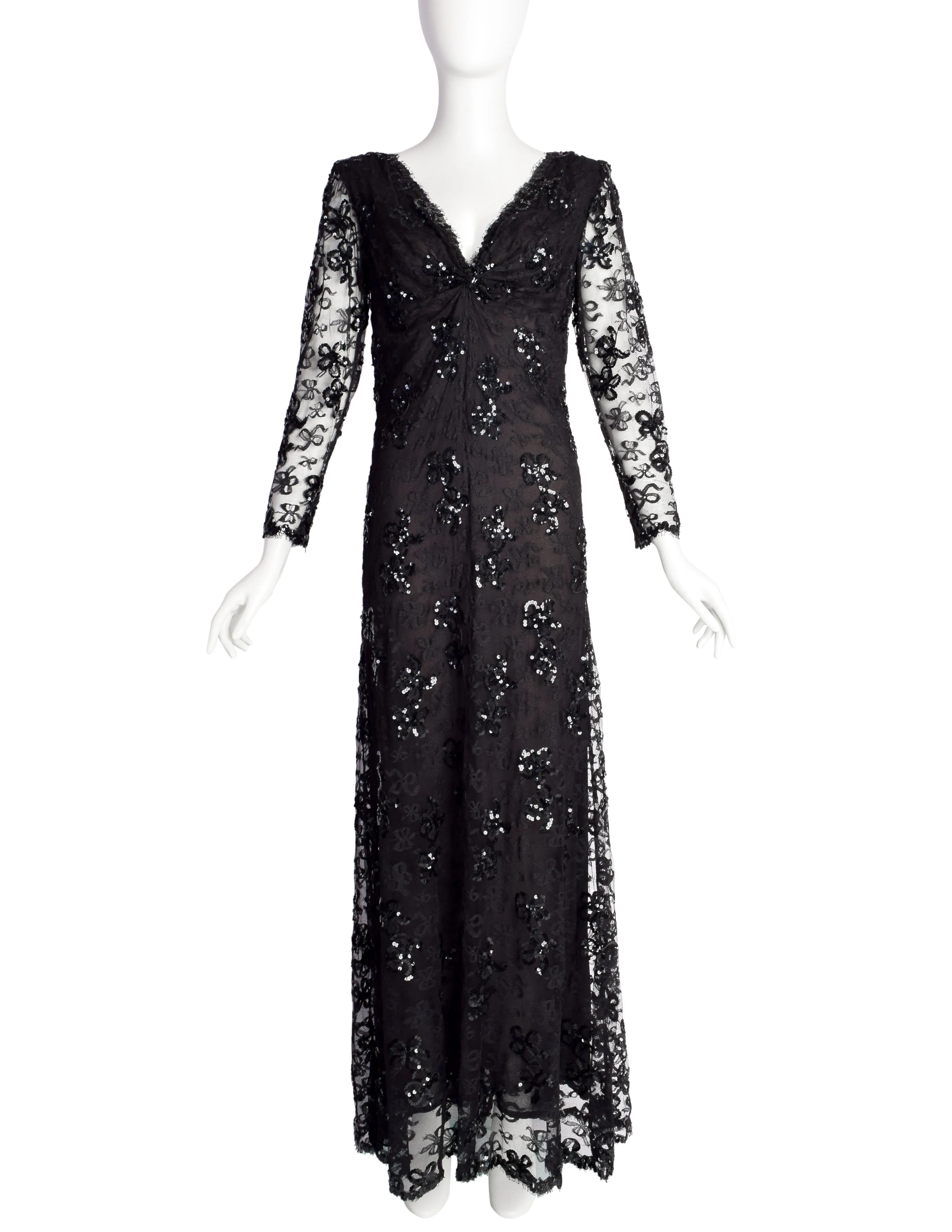 Yves Saint Laurent Vintage Haute Couture AW 1985 Black Lace Sequin Column Gown Dress