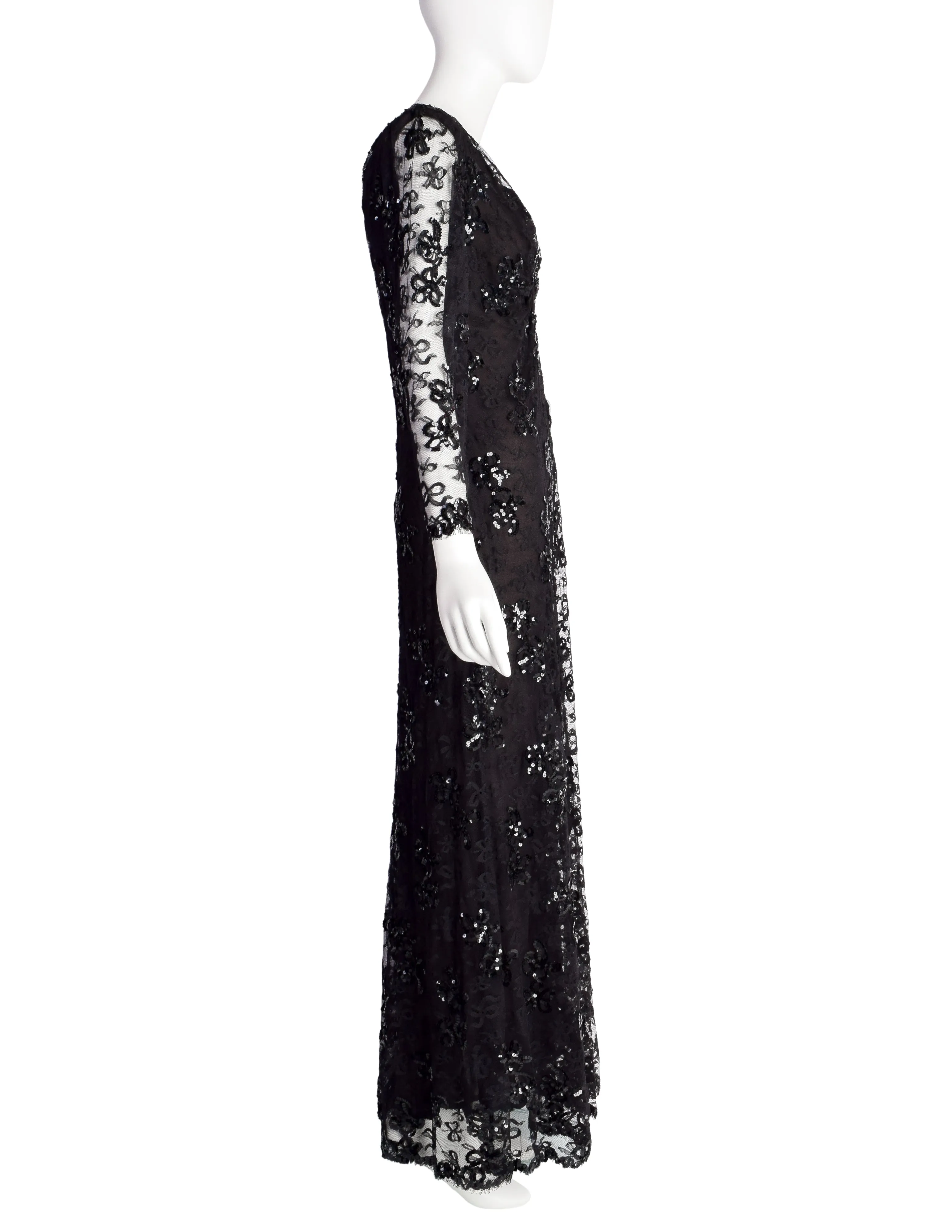 Yves Saint Laurent Vintage Haute Couture AW 1985 Black Lace Sequin Column Gown Dress