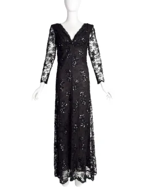 Yves Saint Laurent Vintage Haute Couture AW 1985 Black Lace Sequin Column Gown Dress